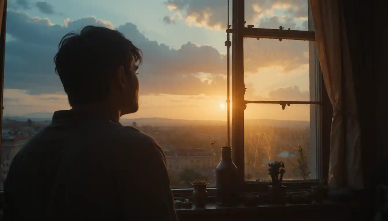 Woman gazing through a window at the first morning sunlight