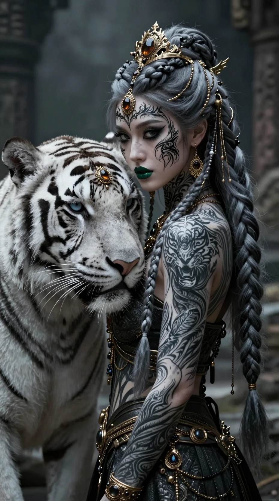 Regal warrior woman with white tiger in dark fantasy portrait