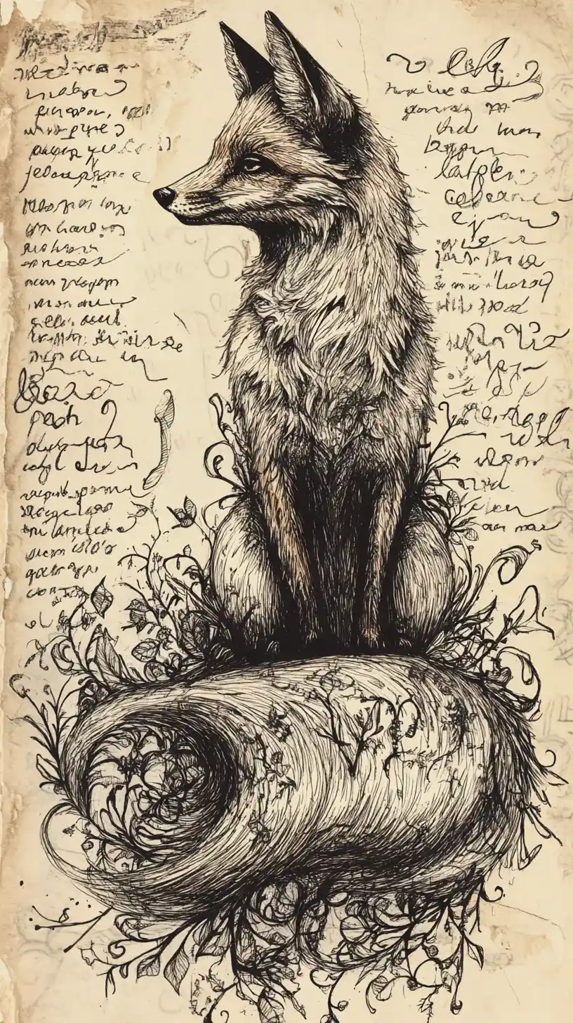 Fox resting in an ancient forest of unraveling manuscripts