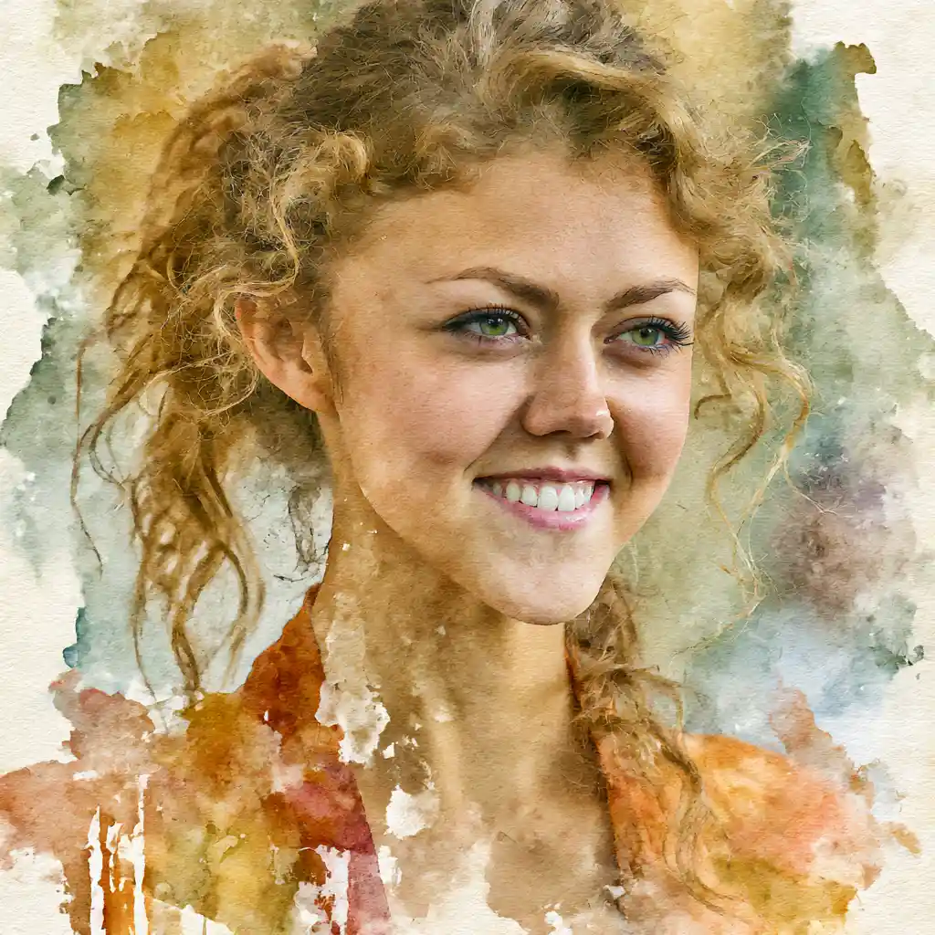 Colorful watercolor portrait of a smiling blonde woman