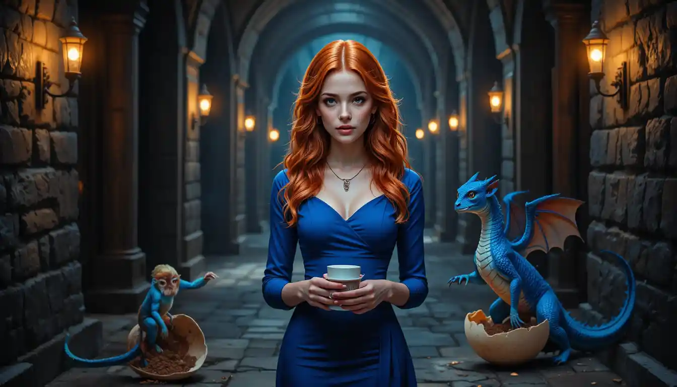 Determined red haired girl in a torchlit stone corridor