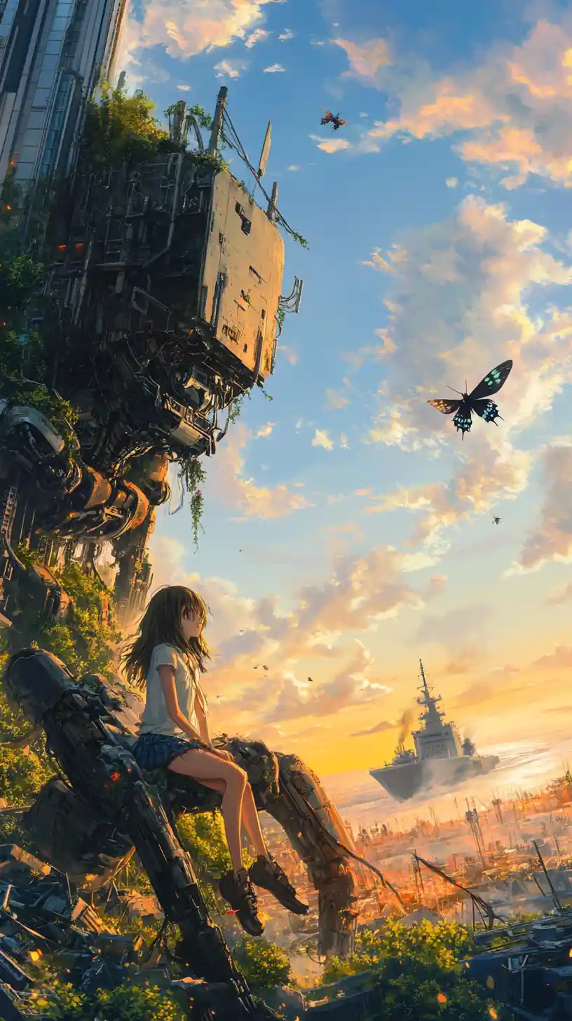 Anime girl resting on the arm of a ruined giant robot