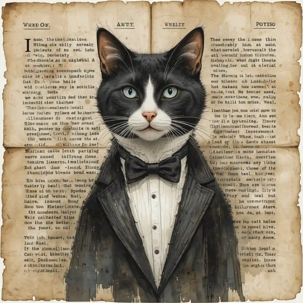 Watercolor tuxedo cat over torn vintage paper collage