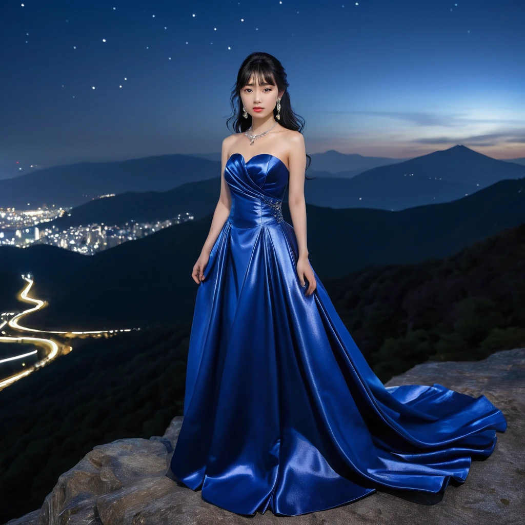 Elegant woman in blue satin gown on a mountain night