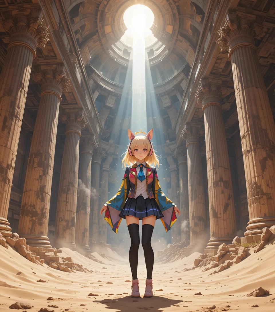 Ragazza anime in antiche rovine sotterranee del deserto