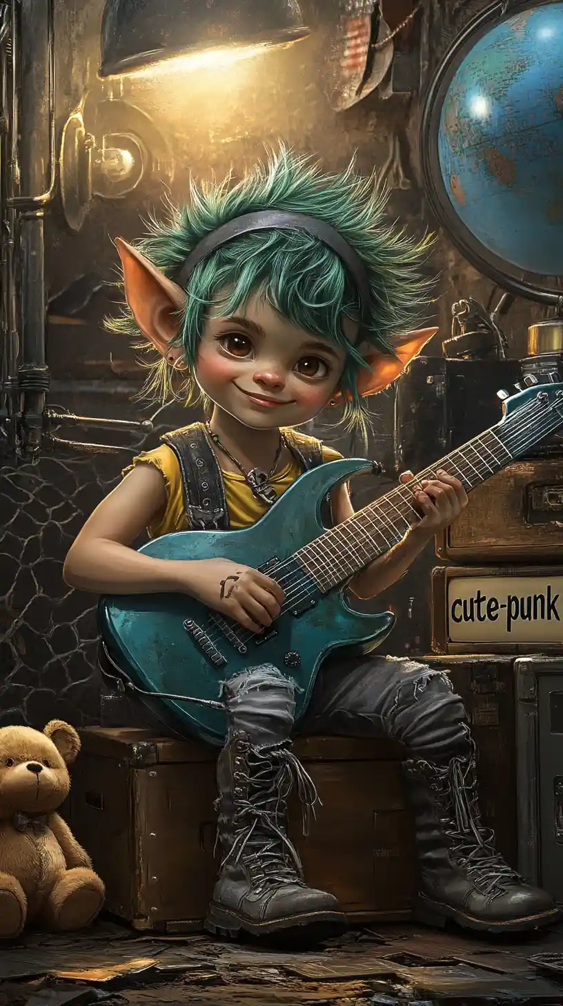 Cute green haired troll boy playing an electric blue guitar