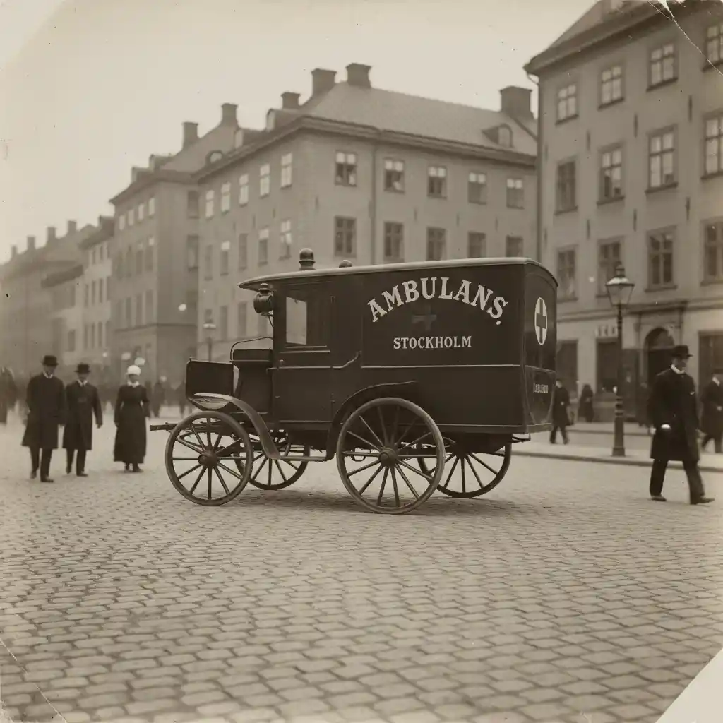 Vintage Swedish ambulance on old Stockholm cobblestone street