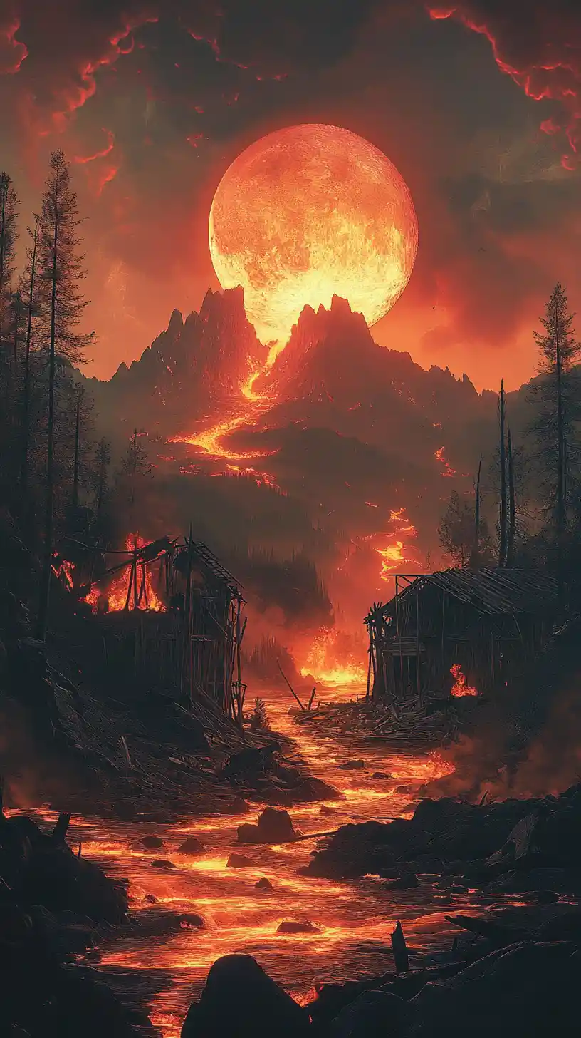 Erupting volcano with lava river and burning wooden house