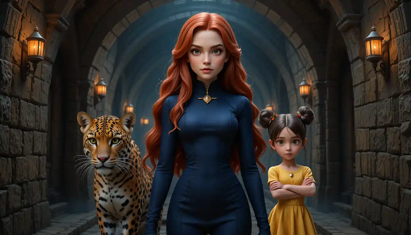 Red haired woman with leopard and girl in stone hallway