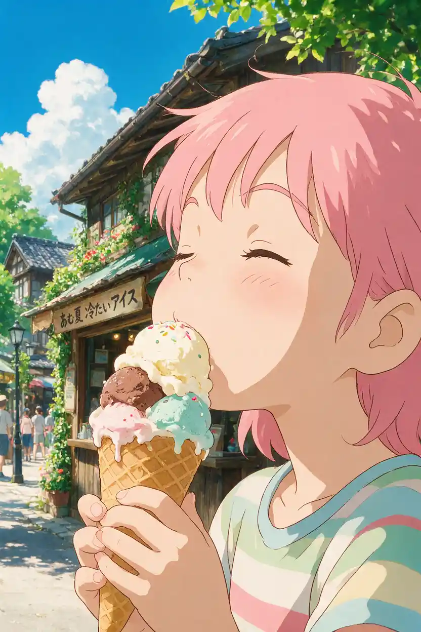 Cheerful anime girl enjoying ice cream in summer sunlight