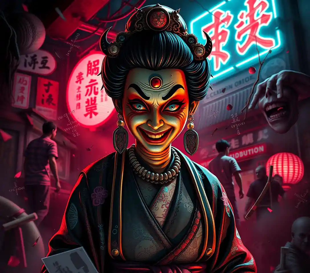 Cinematic woman in neon soaked pop surreal horror scene