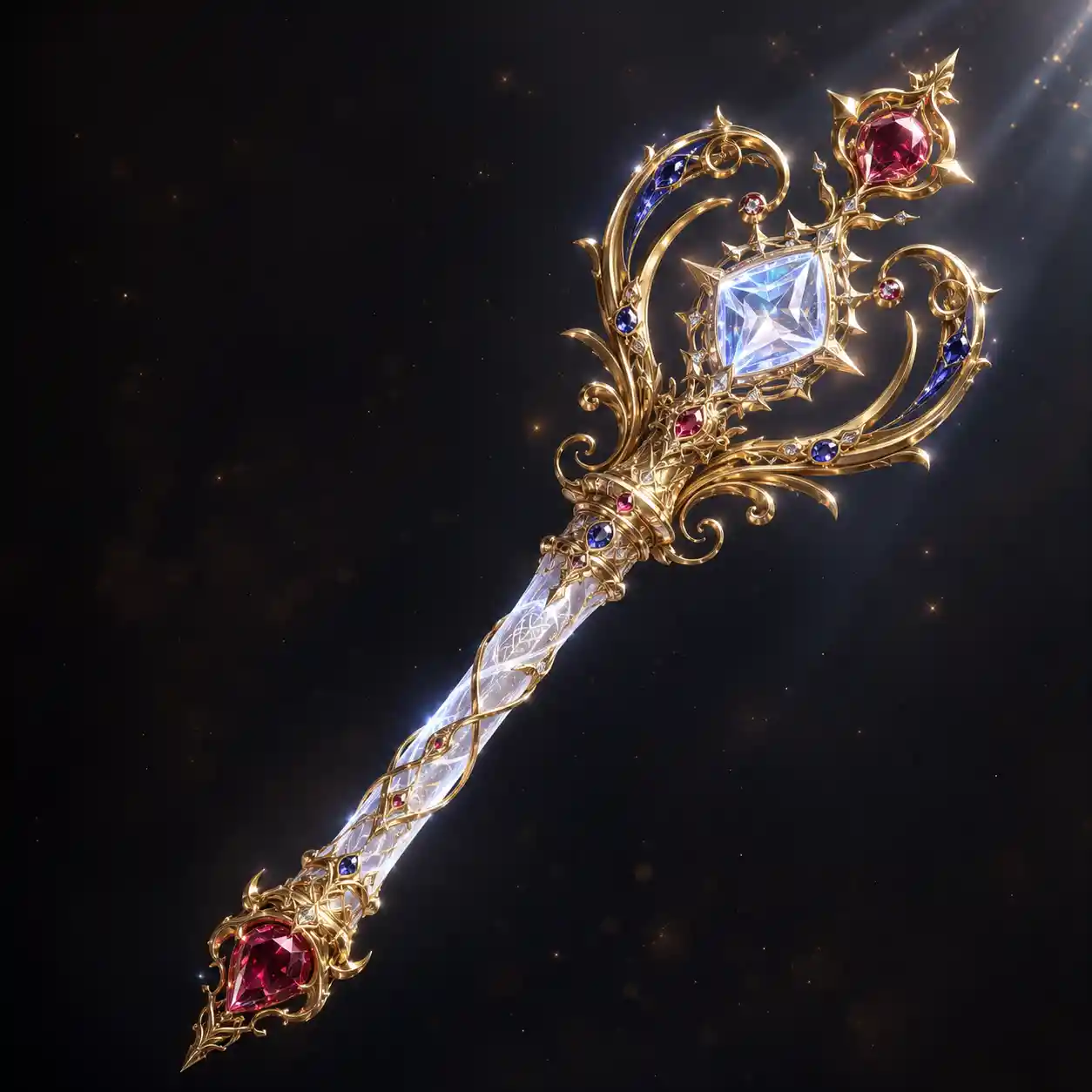 Ornate fantasy scepter with glowing crystal and gemstones