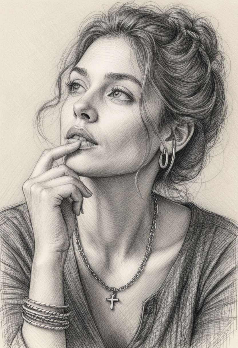 Portrait de femme pensive en dessin à l’encre aux lignes expressives