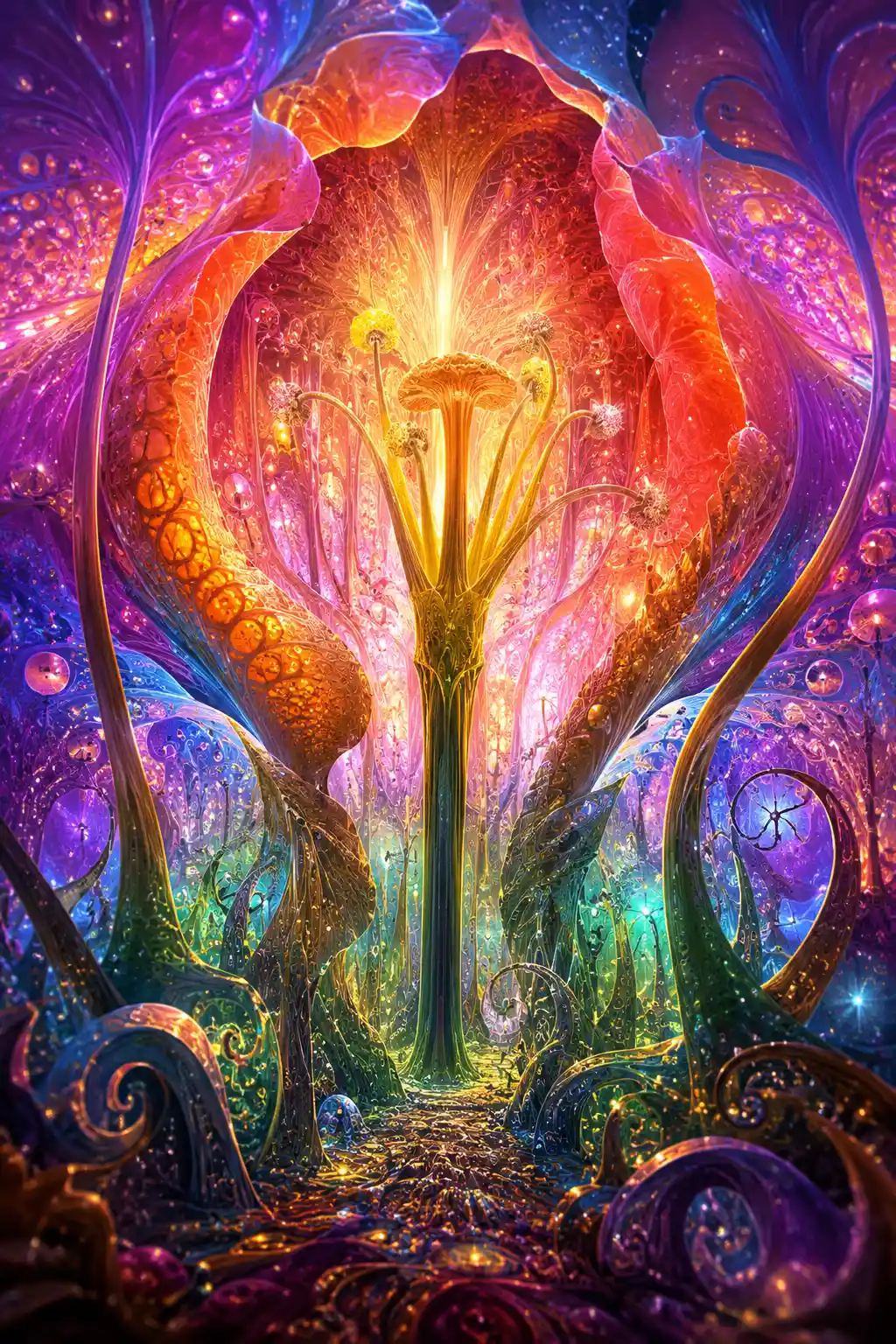 Fantastical inner view of a glowing colorful flower