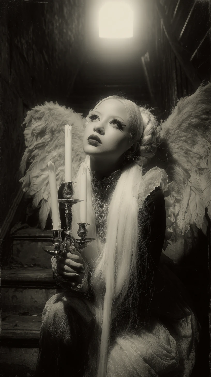 Whimsical fairy with jeweled wings holding a glowing candelabra