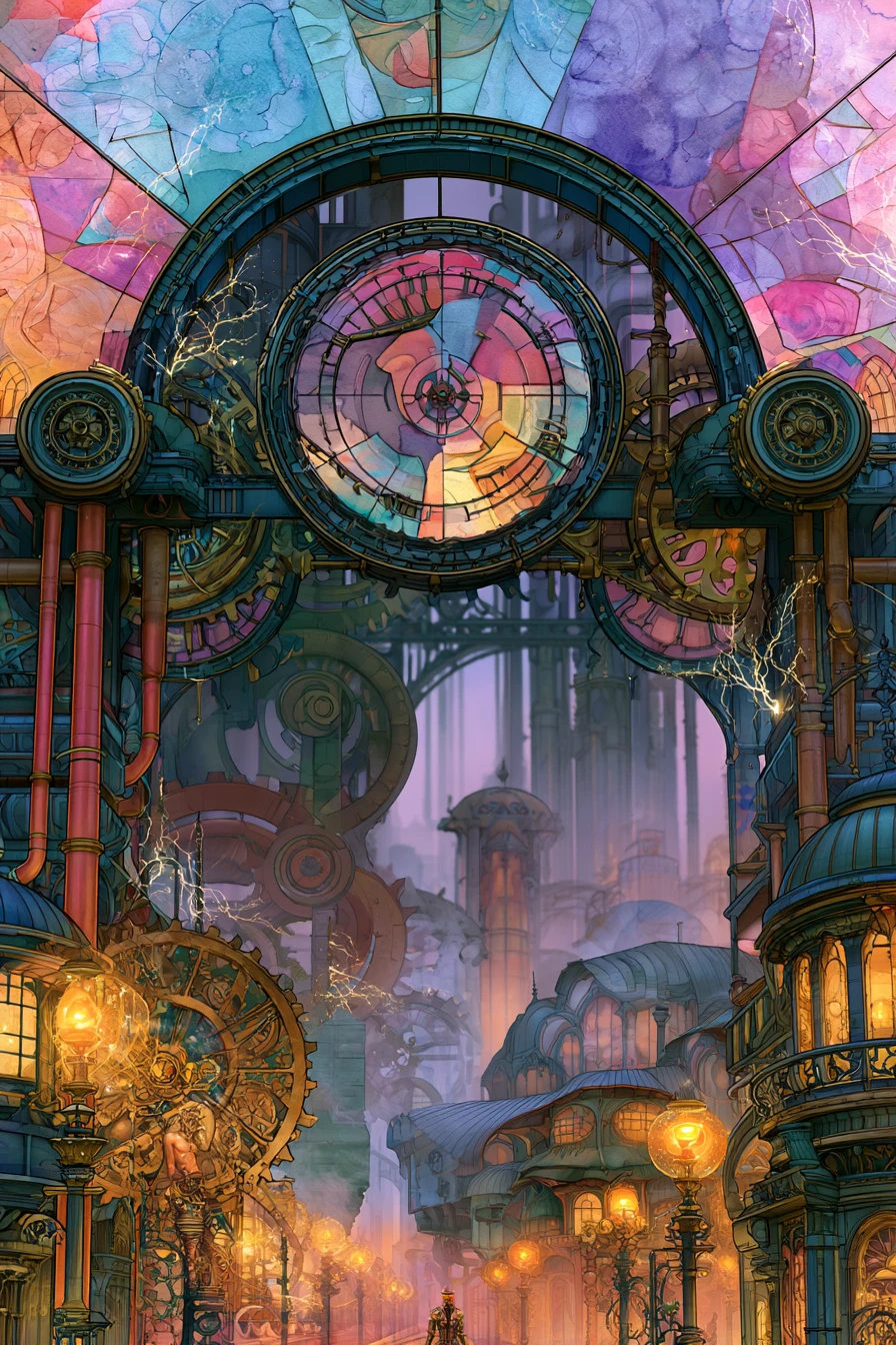 Surreal steampunk fashion show in a fantasy village