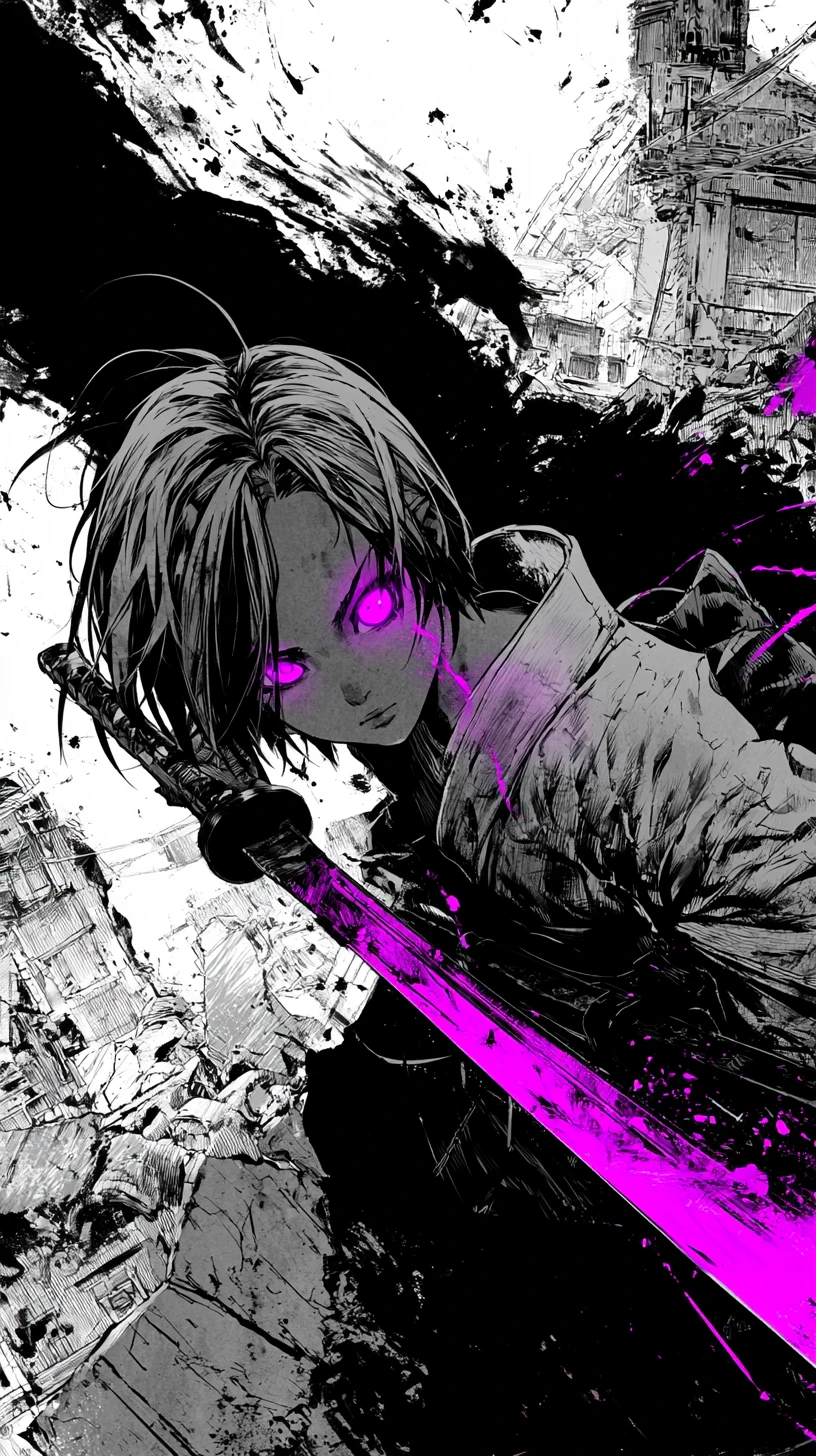 Anime swordwoman in a fragmented neon cityscape