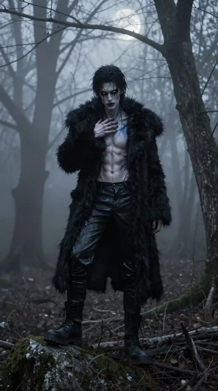 Androgynous gothic man in a foggy winter forest