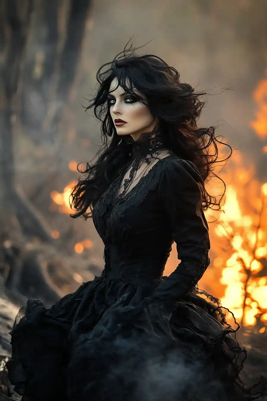 Gothic woman by a burning forest edge in darkness