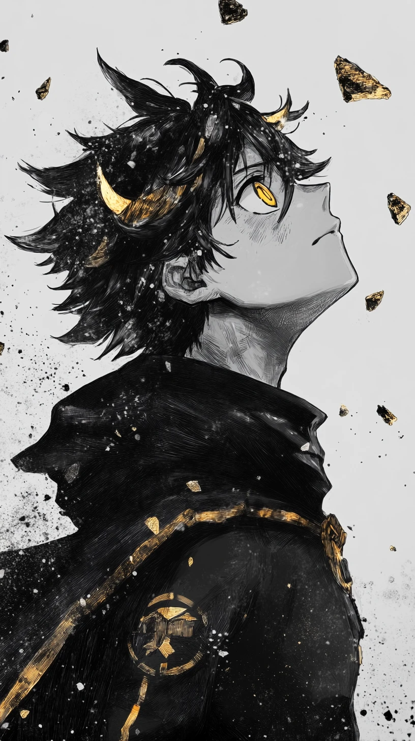 Stoic anime hero portrait with glowing golden fragments