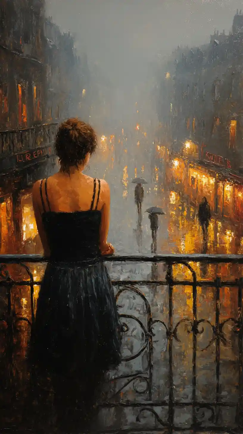 Woman on balcony overlooking rainy european city street