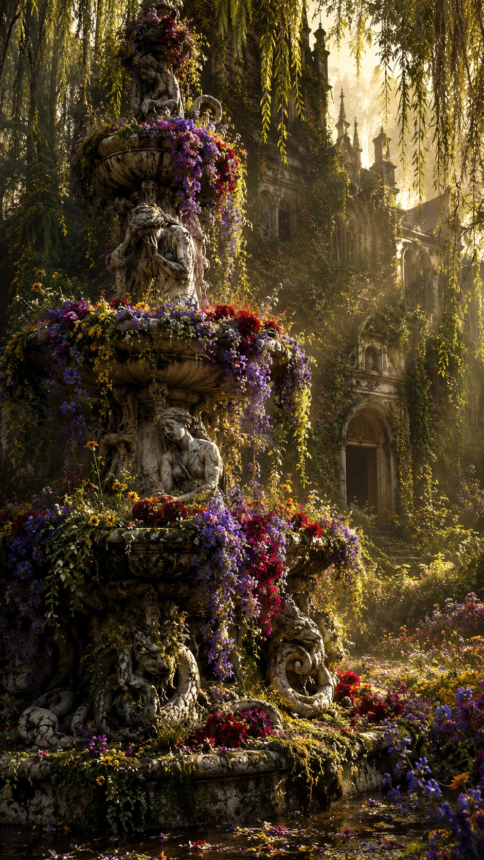 Fuente barroca cubierta de vegetación y rebosante de flores silvestres