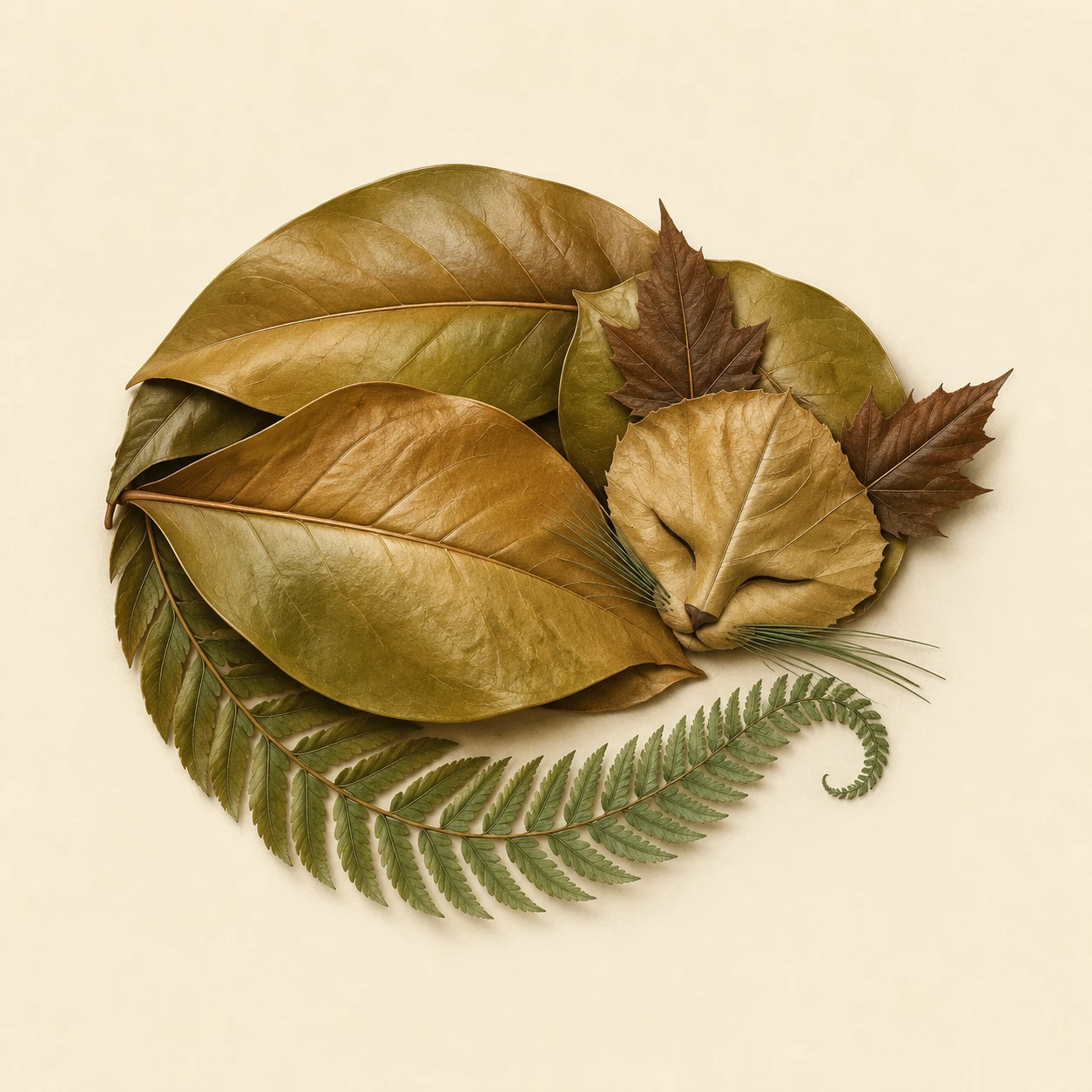 Sleeping cat illusion created from graceful botanical leaves