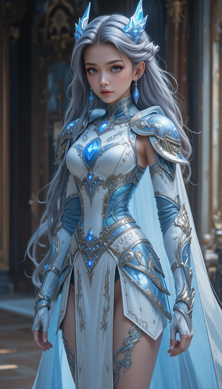 Young dragon girl warrior in luminous blue rune armor