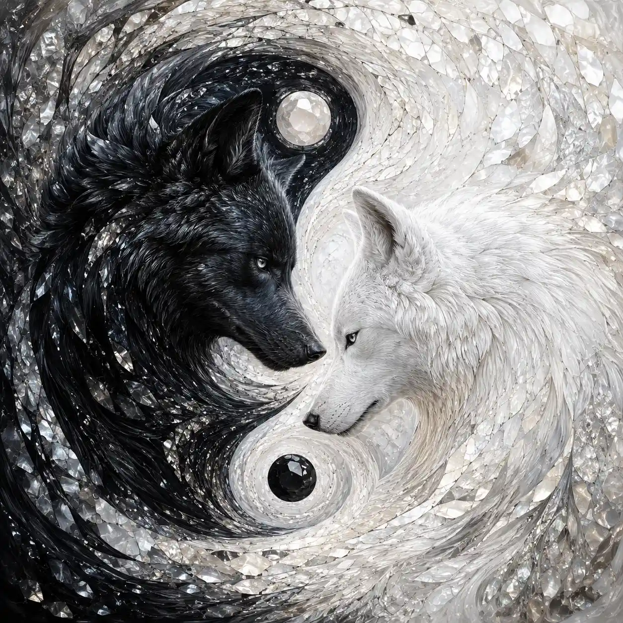 Black and white wolves in a yin yang inspired mosaic