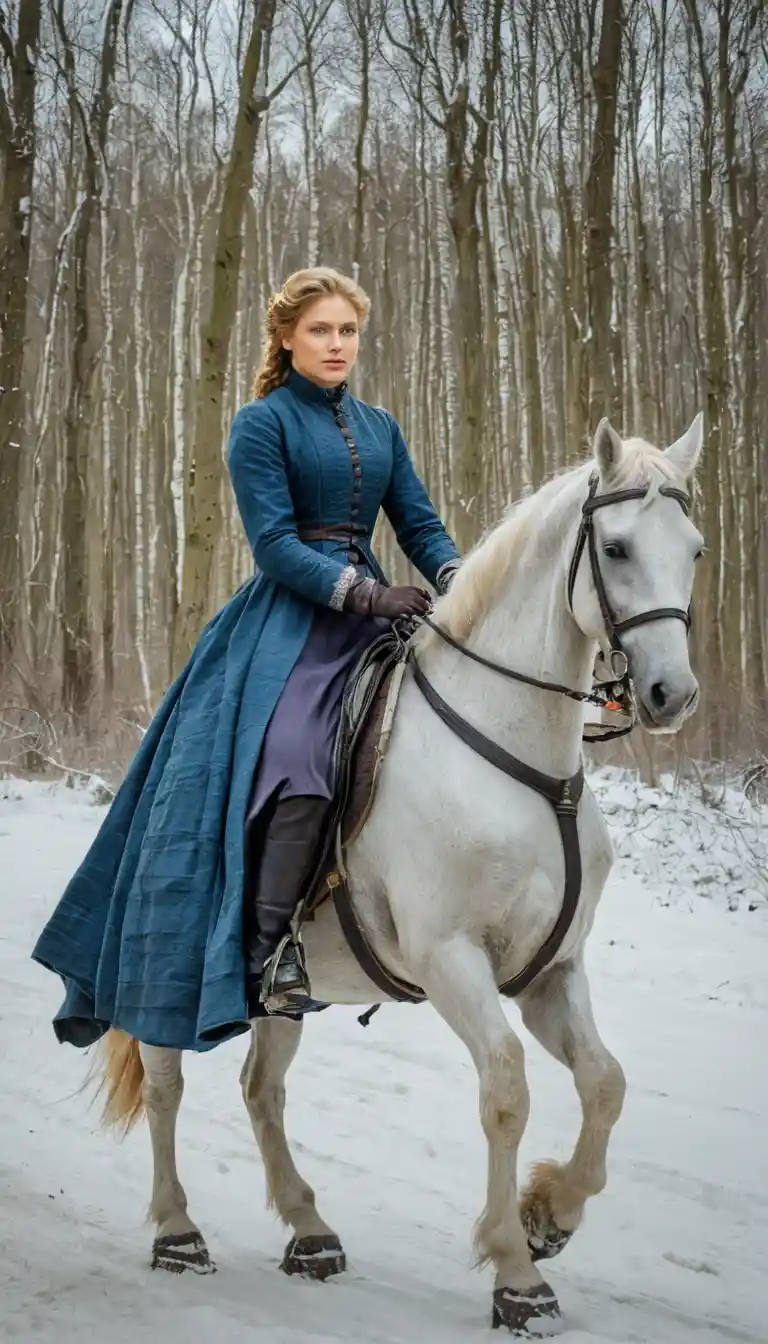 Renaissance style woman with white horse in dramatic light