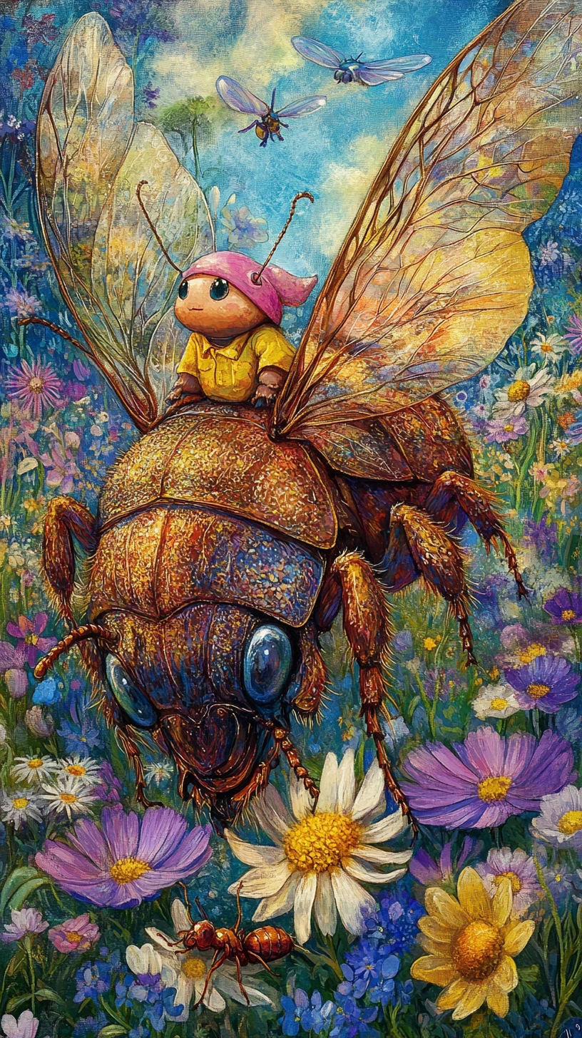 Curious ant riding a beetle over a blooming meadow