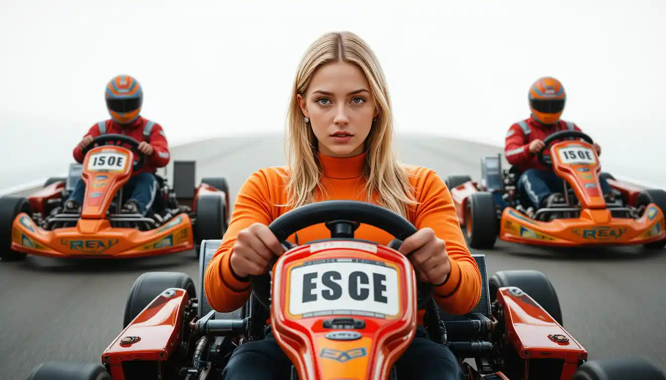 Focused woman racing a red go kart on track