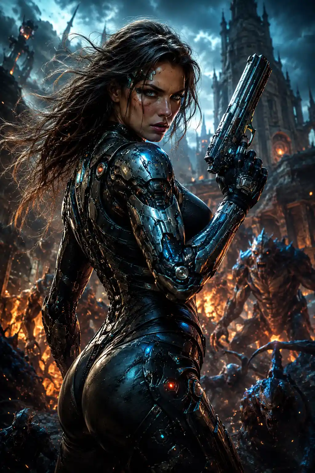 Cyborg warrior woman aiming pistol in dramatic light