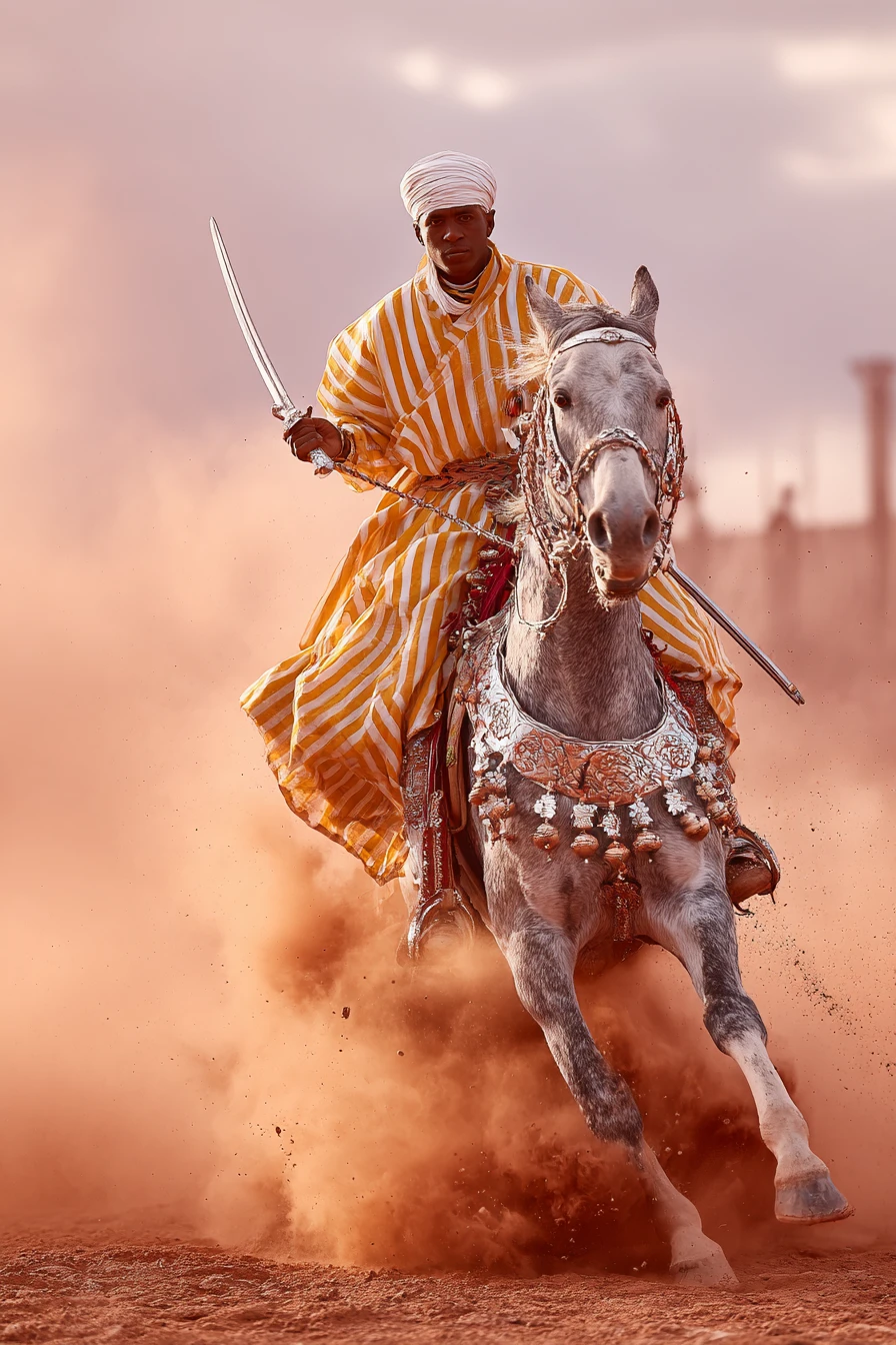 Moroccan rider on rearing horse in dramatic dust and light