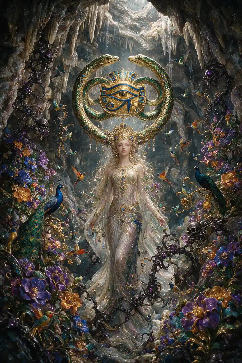 Mythical woman with exotic birds in a floral dreamscape
