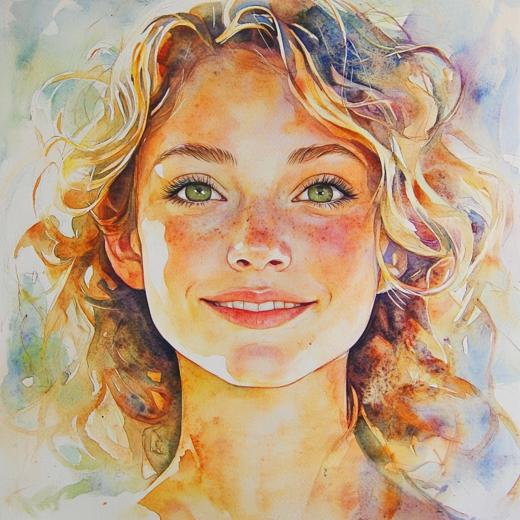 Colorful watercolor portrait of a smiling blond girl