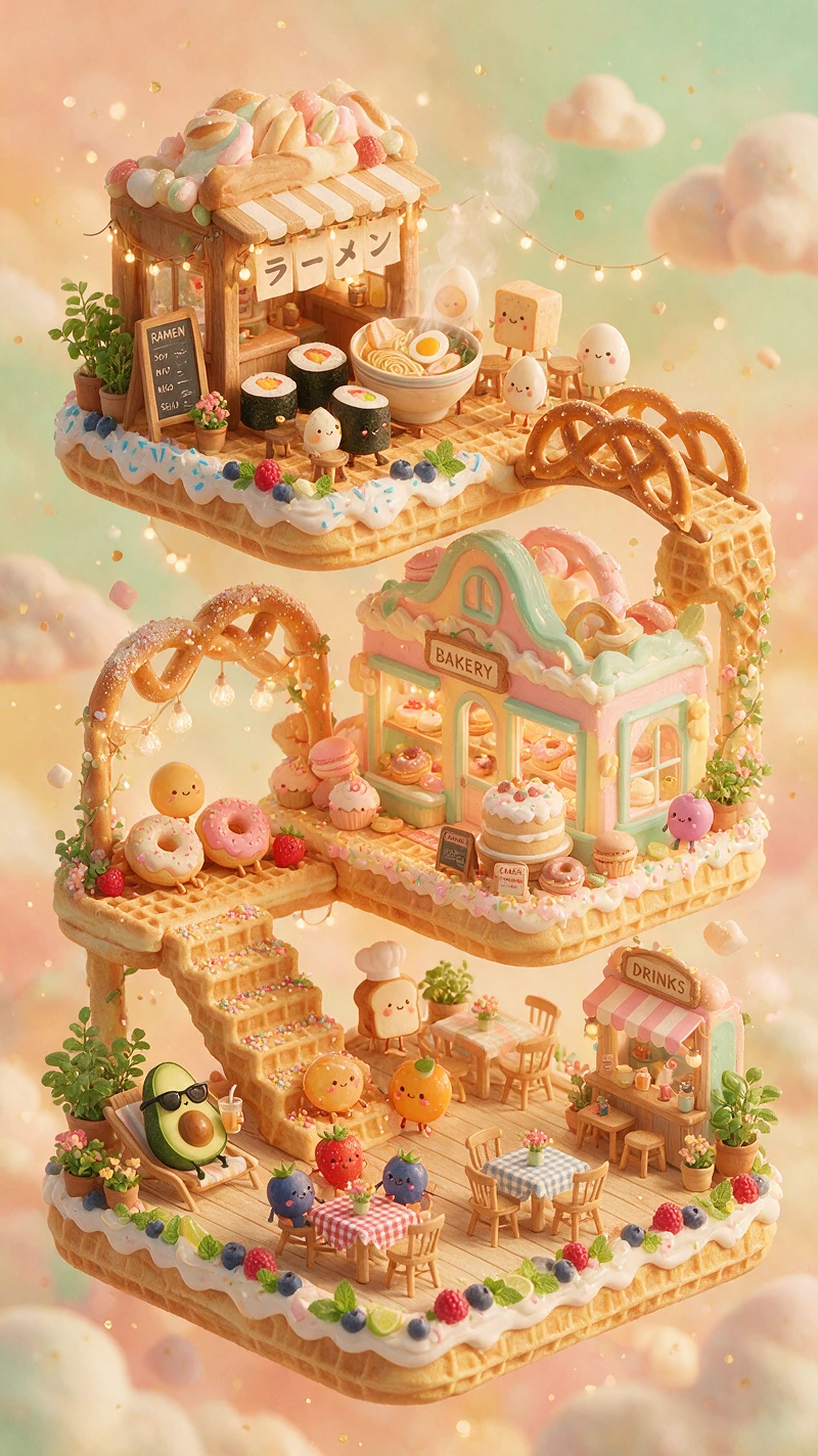 Whimsical Miniature Food Village In Vertical Fantasy World