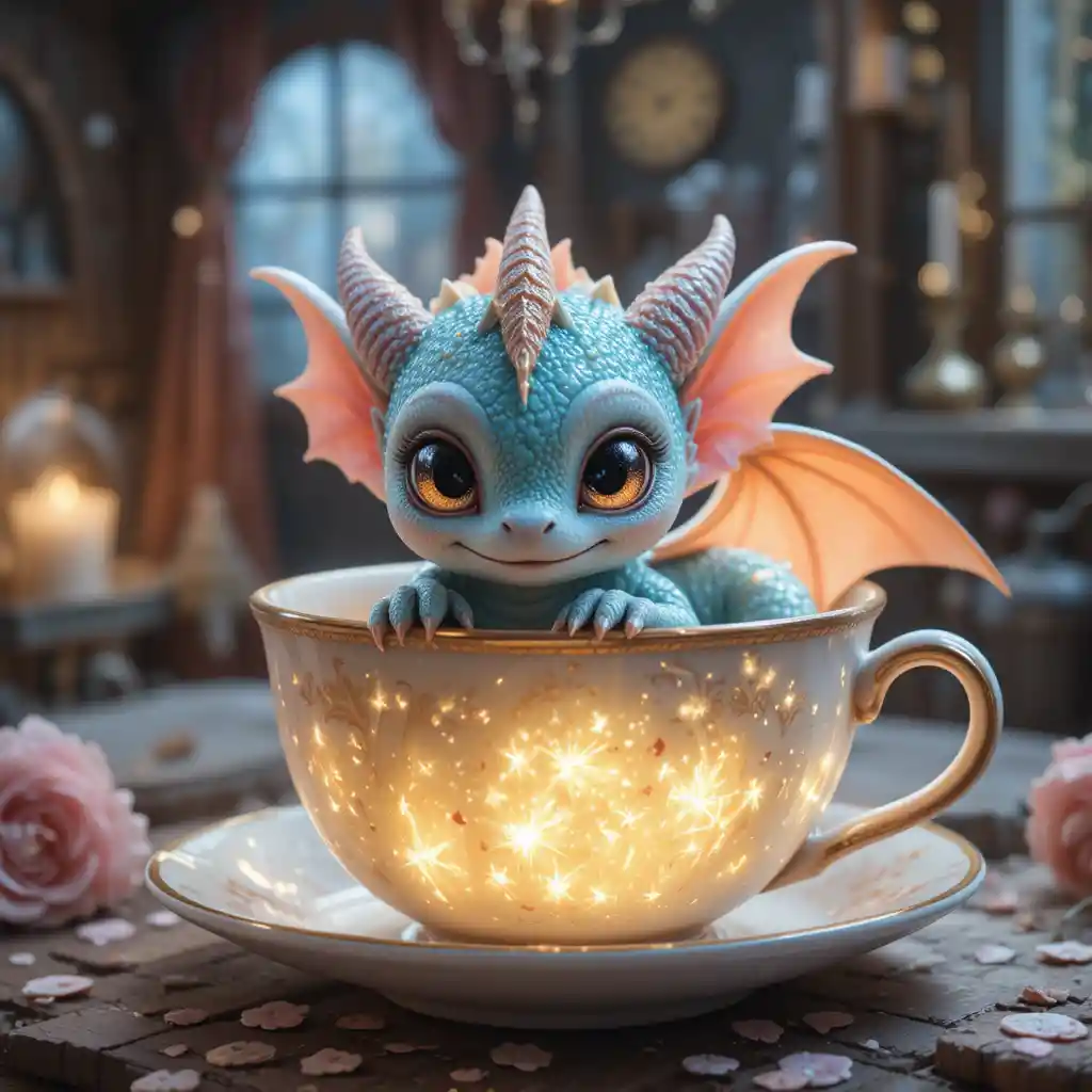 Cute Baby Dragon Curled In A Glowing Teacup