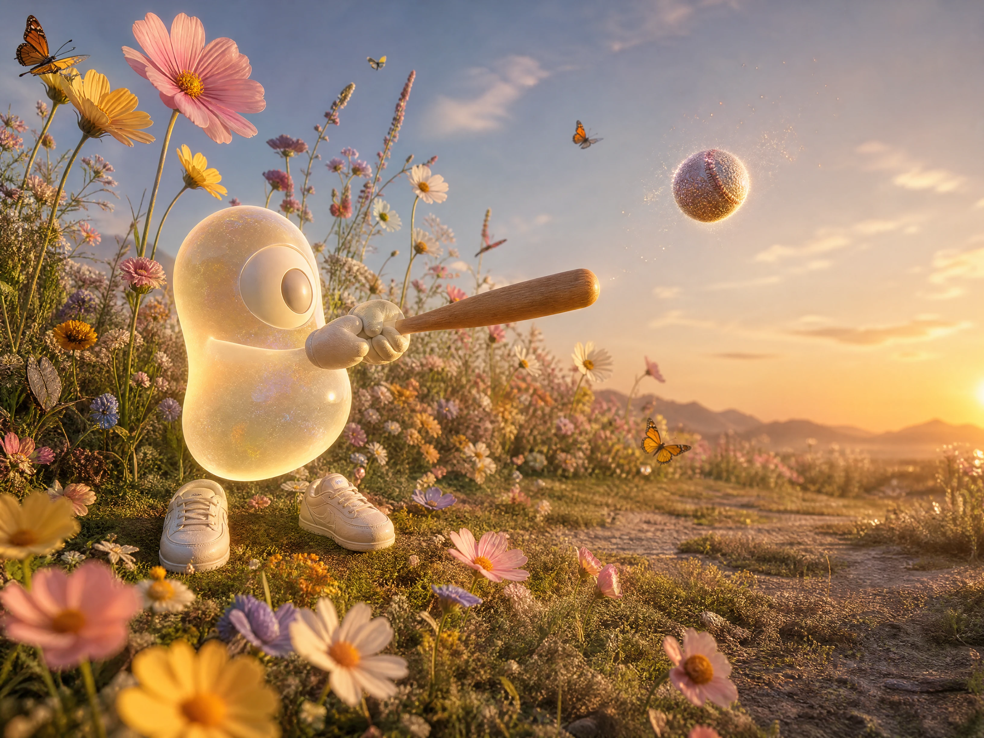 Surreal One Eyed Creature Playing Baseball In Flower Meadow
