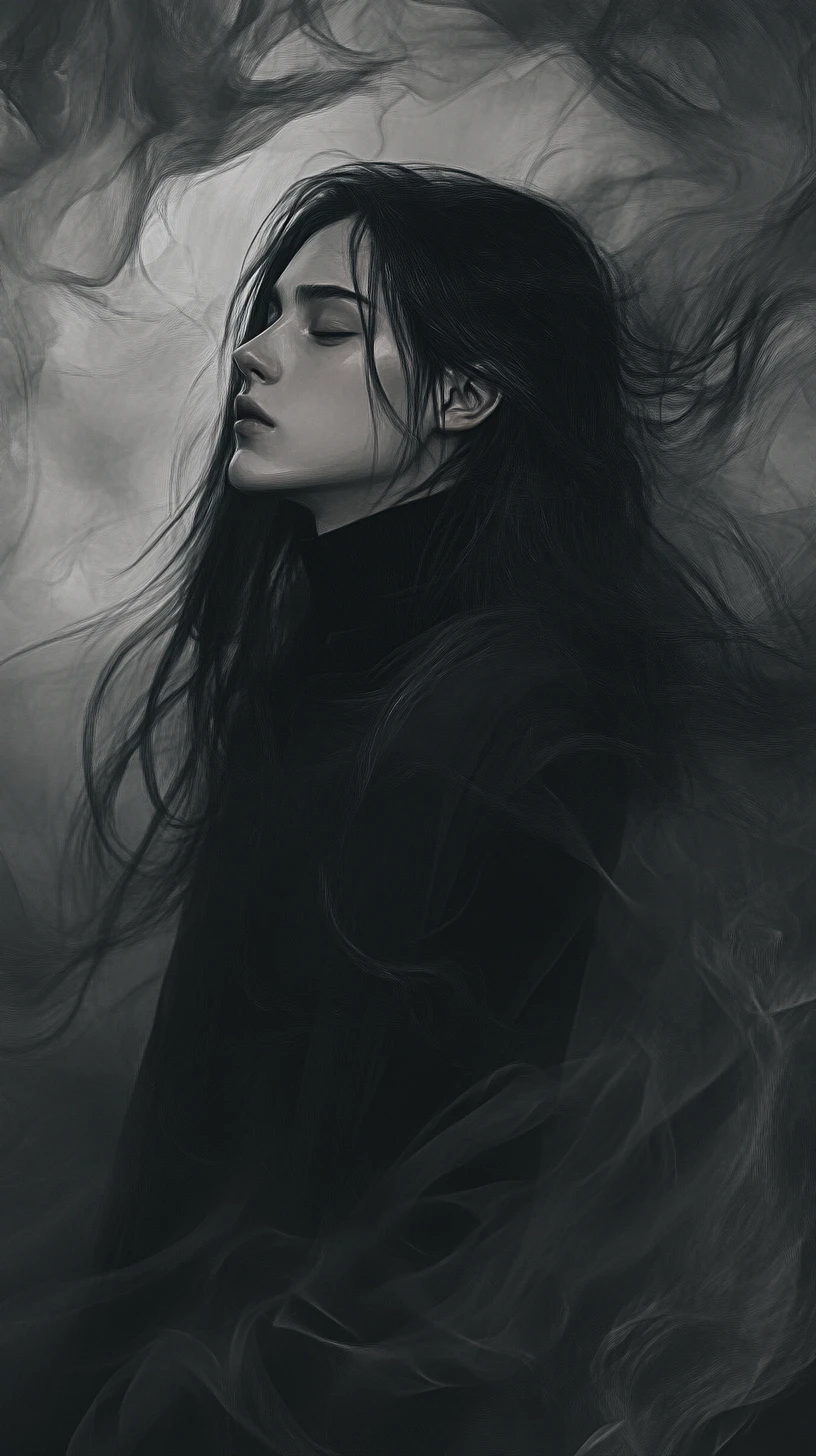 Melancholic profile of a girl in swirling dark shadows