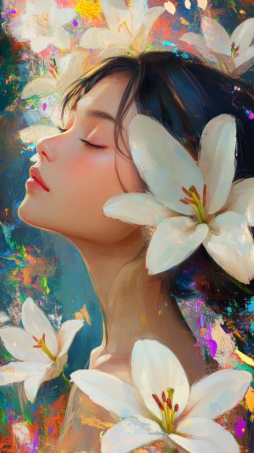 Side profile anime girl with lilies in her hair