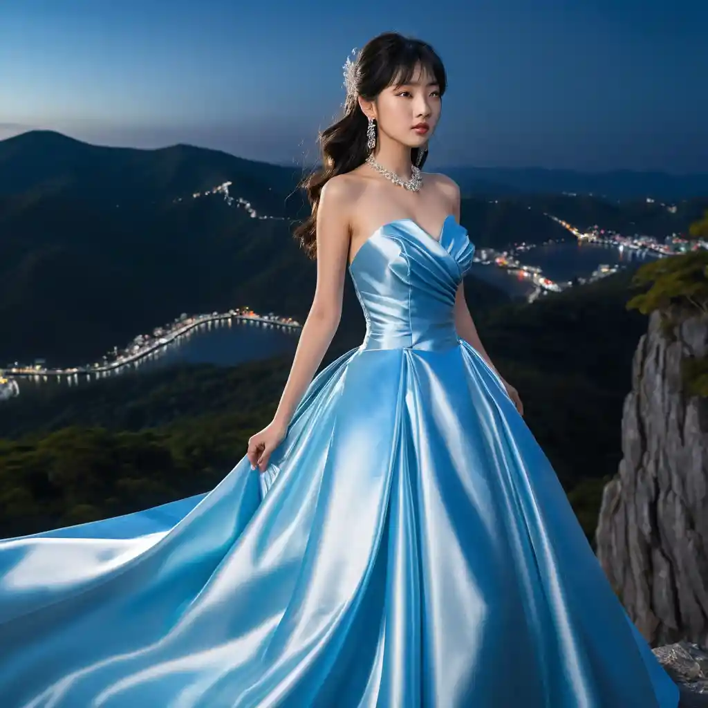 Elegant blue satin gown on girl in night mountains