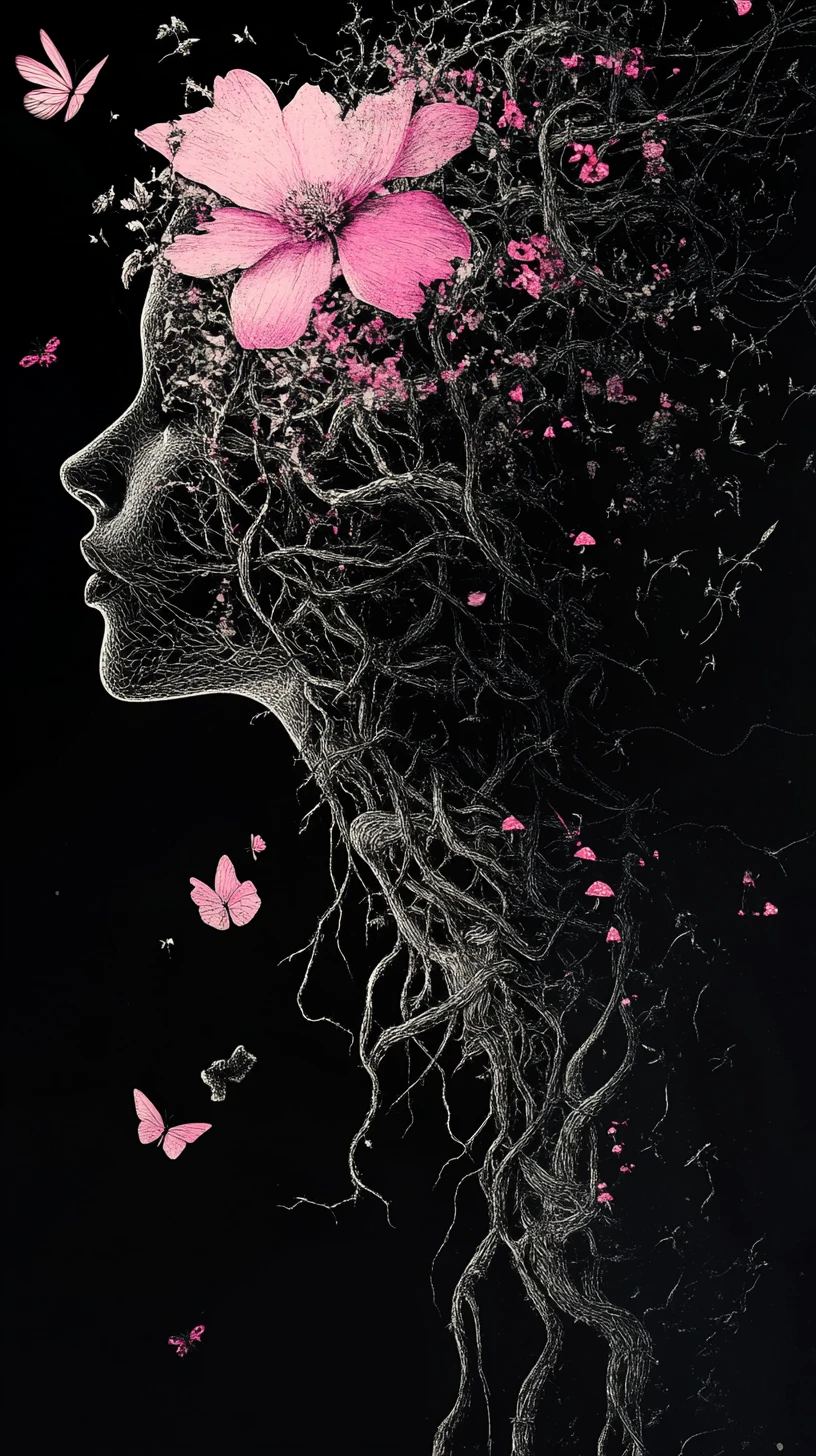 Fantasy elven silhouette filled with collapsing floral world