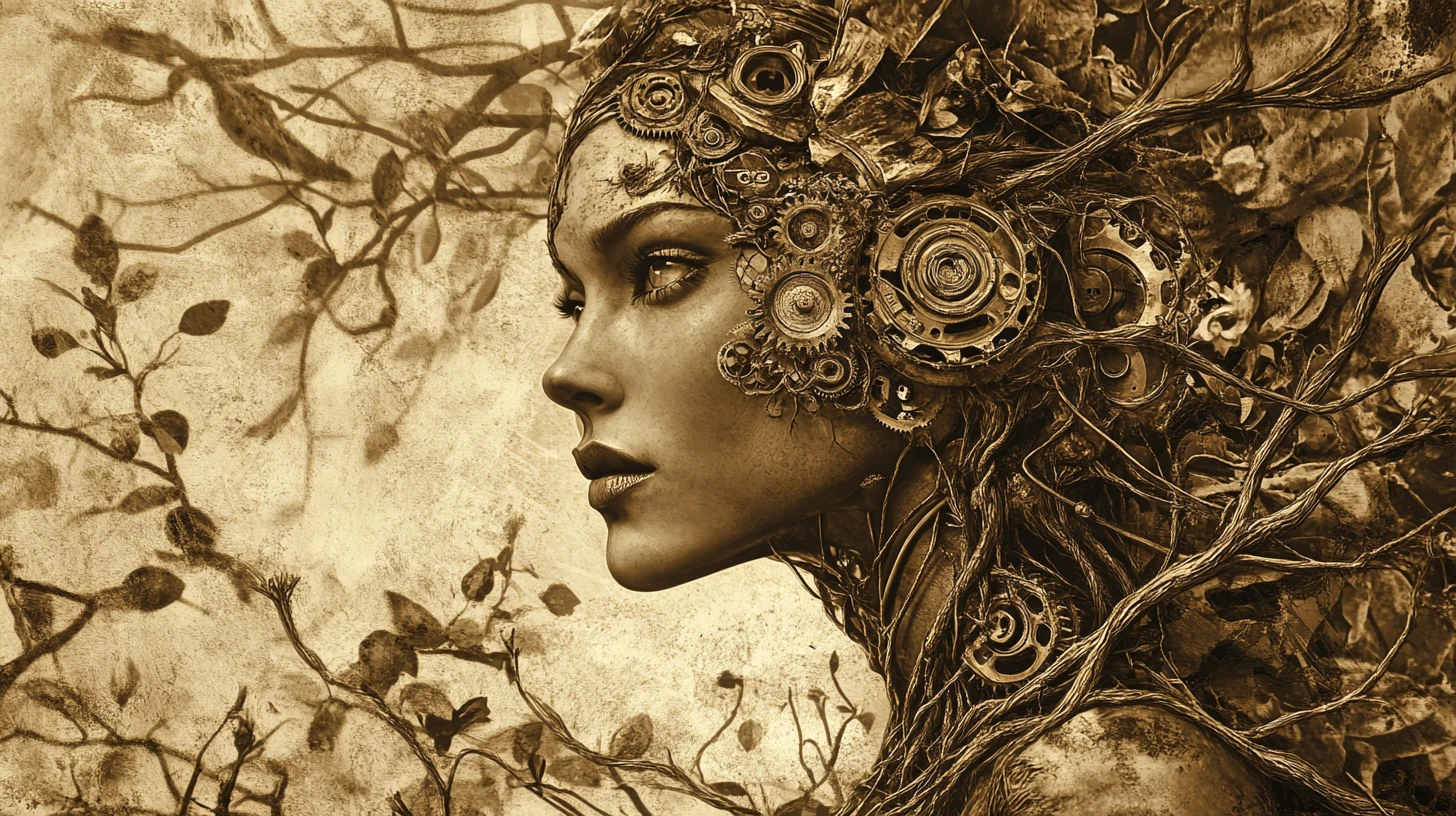 Aged mechanical woman entwined with thorns and decaying florals