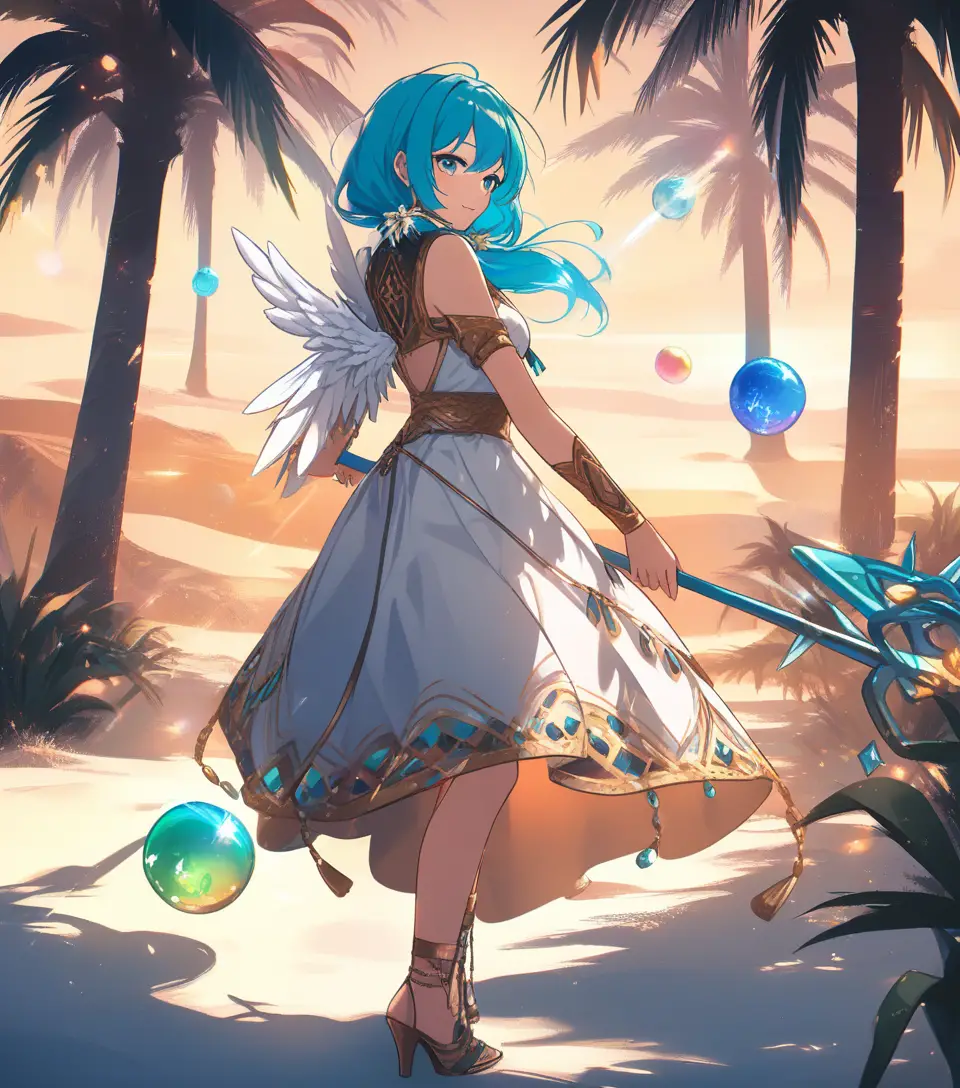 Winged aqua haired girl at a glowing desert oasis