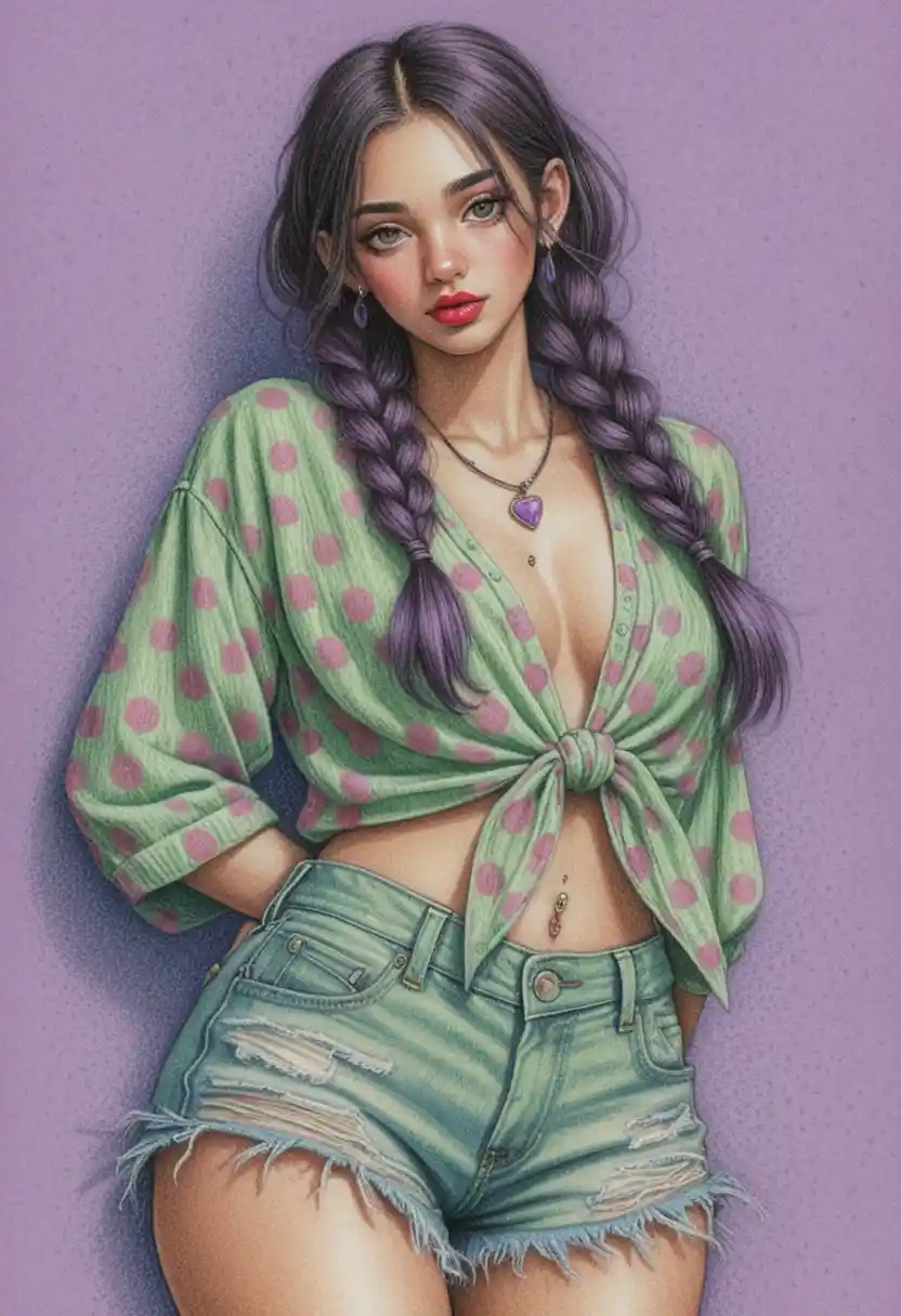 Colored pencil portrait of a girl with braided dark hair