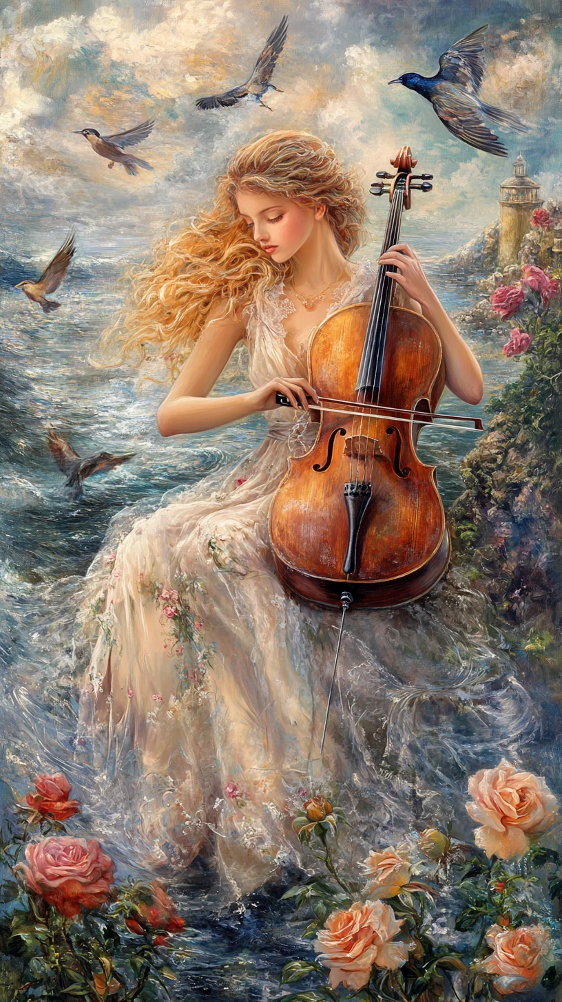 Young woman playing cello by the glowing sea