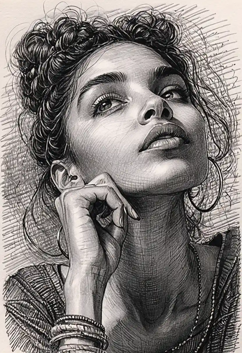Thoughtful ink portrait of a woman with hand to her lips