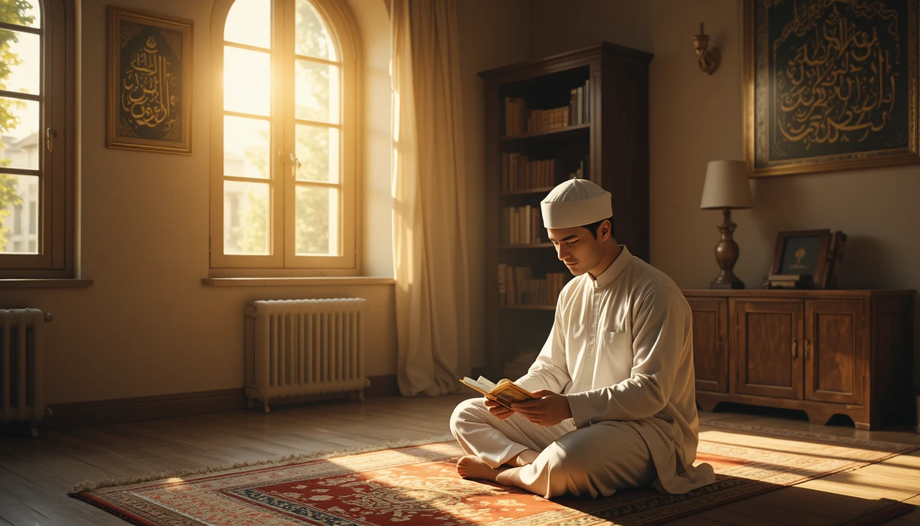 Young Muslim man reading Quran in peaceful bedroom