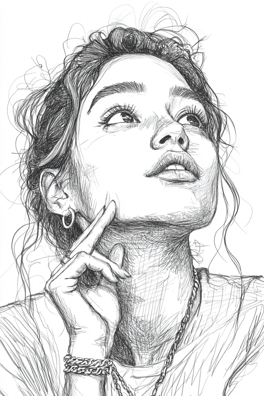 Ink portrait of a pensive girl with hand to her lips